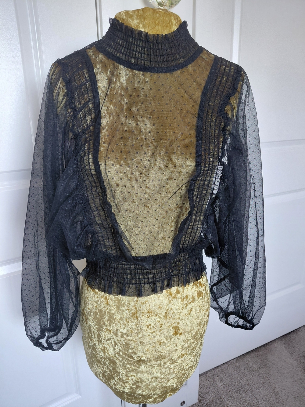Black Sheer Mesh Overlay Top with Velvet Underlay